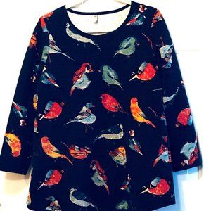 Linlin Women Sz M Fleece Knit Tunic Pullover Long Sleeve Navy/Multi Birds Pocket